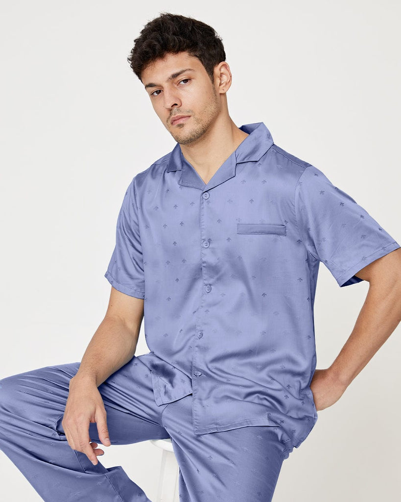 Blue Lyocell Pajamas Men's Short Sleeve Shirt