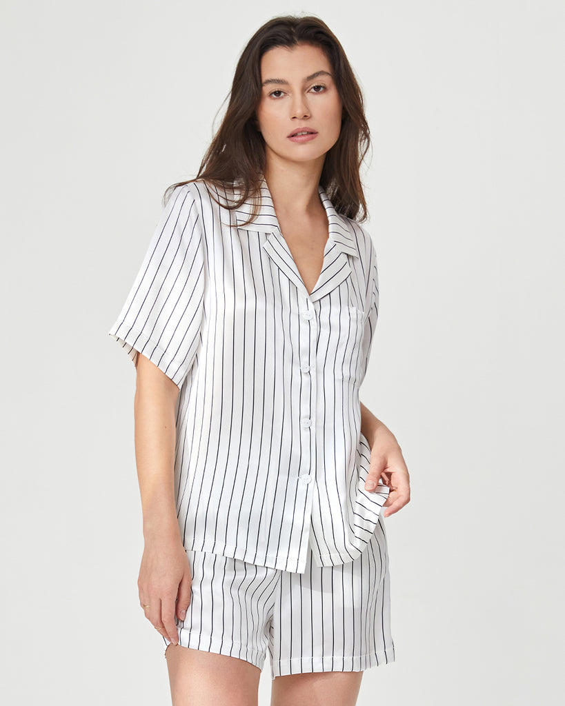 19 Momme Silk Pajamas Women's Stripes Pattern Short Sleeve Top