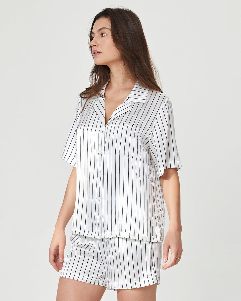 19 Momme Silk Pajamas Women's Stripes Pattern Short Sleeve Top