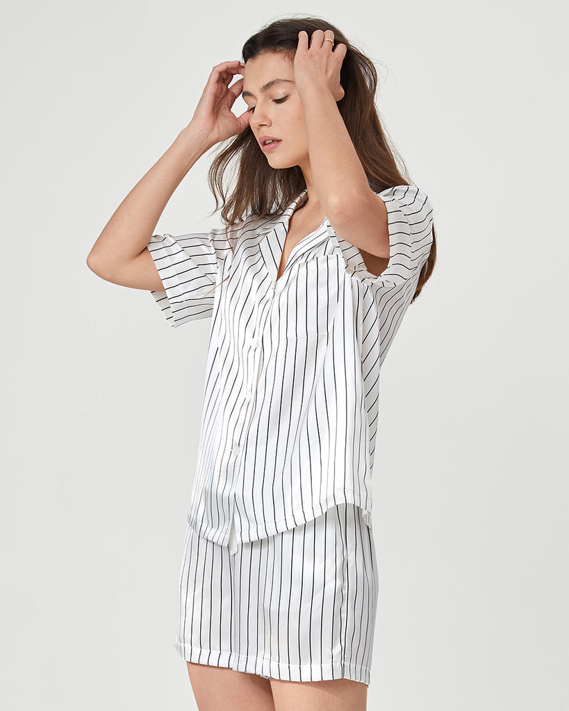 19 Momme Silk Pajamas Women's Stripes Pattern Short Sleeve Top