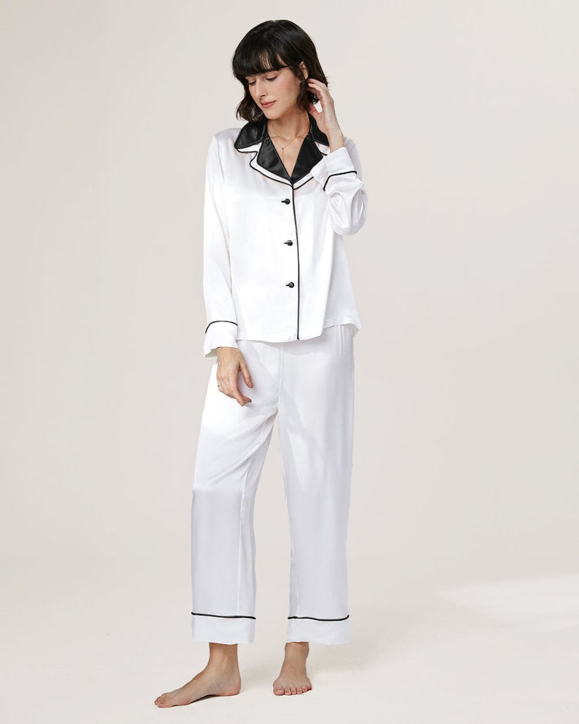 Black White 19 Momme Silk Pajamas Women's Long Sleeve Shirt