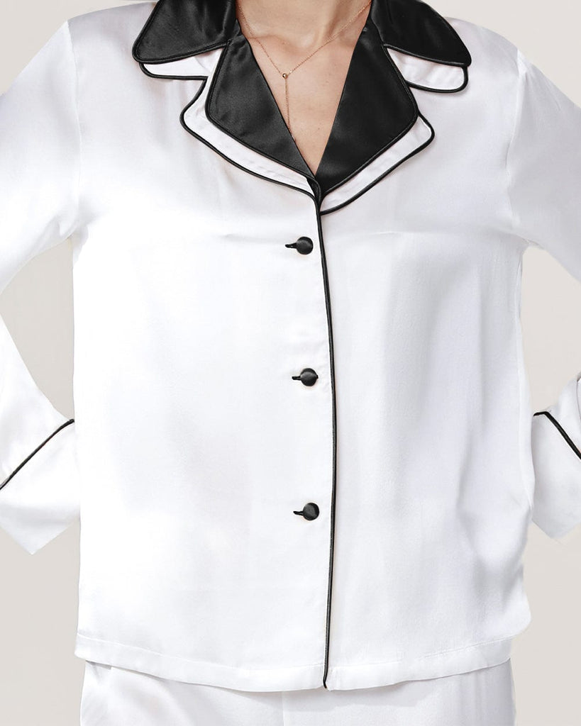 Black White 19 Momme Silk Pajamas Women's Long Sleeve Shirt