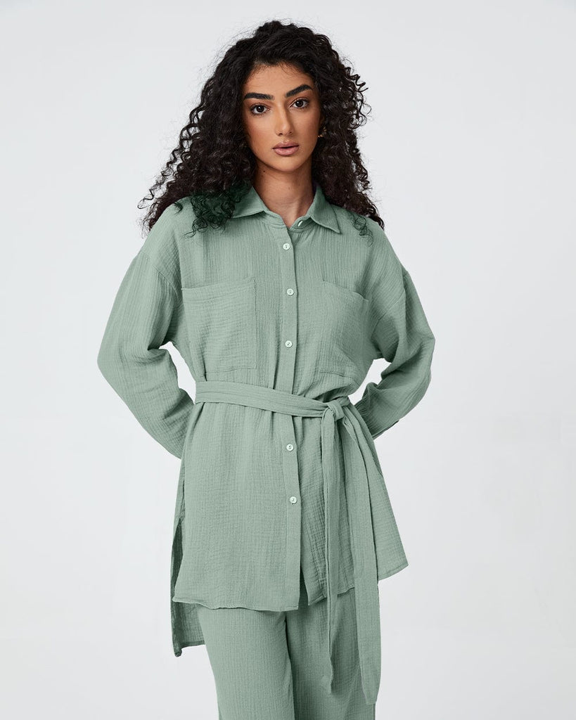 Cotton Pajamas Women's Long Sleeve Shirt With Belt