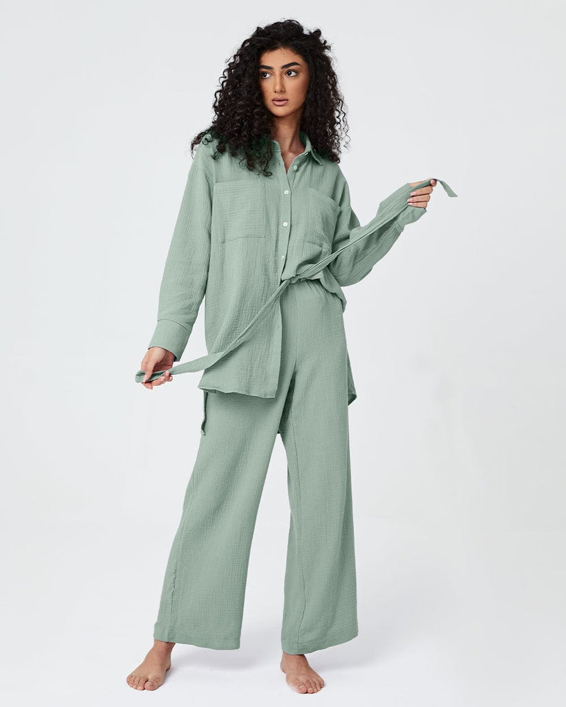 Cotton Pajamas Women's Long Sleeve Shirt With Belt