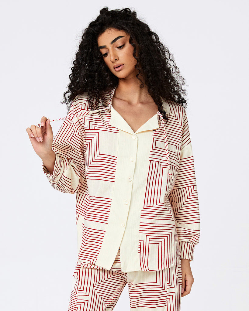 Cotton Pajamas Women's Geometric Stripes Long Sleeve Top