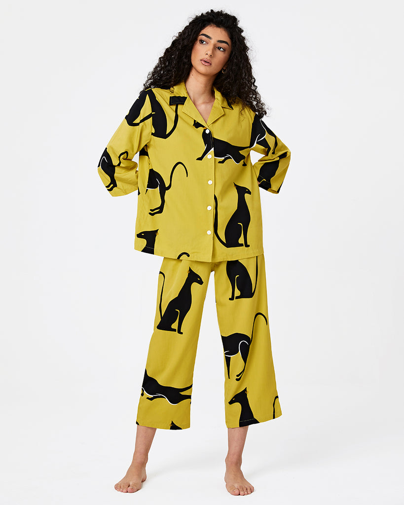 Bright Yellow Cotton Pajamas Women's Printed Seven-point Sleeve Shirt