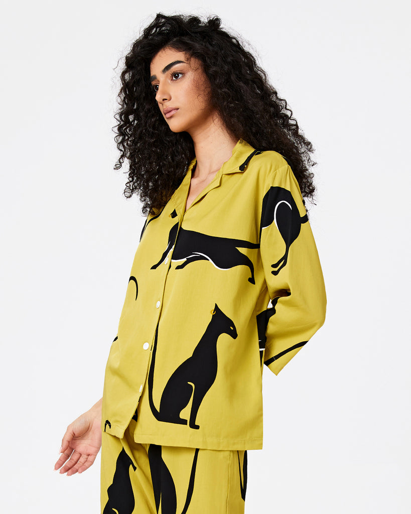 Bright Yellow Cotton Pajamas Women's Printed Seven-point Sleeve Shirt