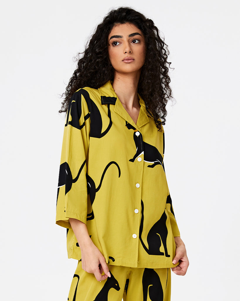 Bright Yellow Cotton Pajamas Women's Printed Seven-point Sleeve Shirt