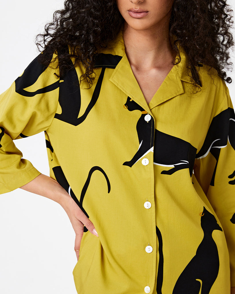 Bright Yellow Cotton Pajamas Women's Printed Seven-point Sleeve Shirt