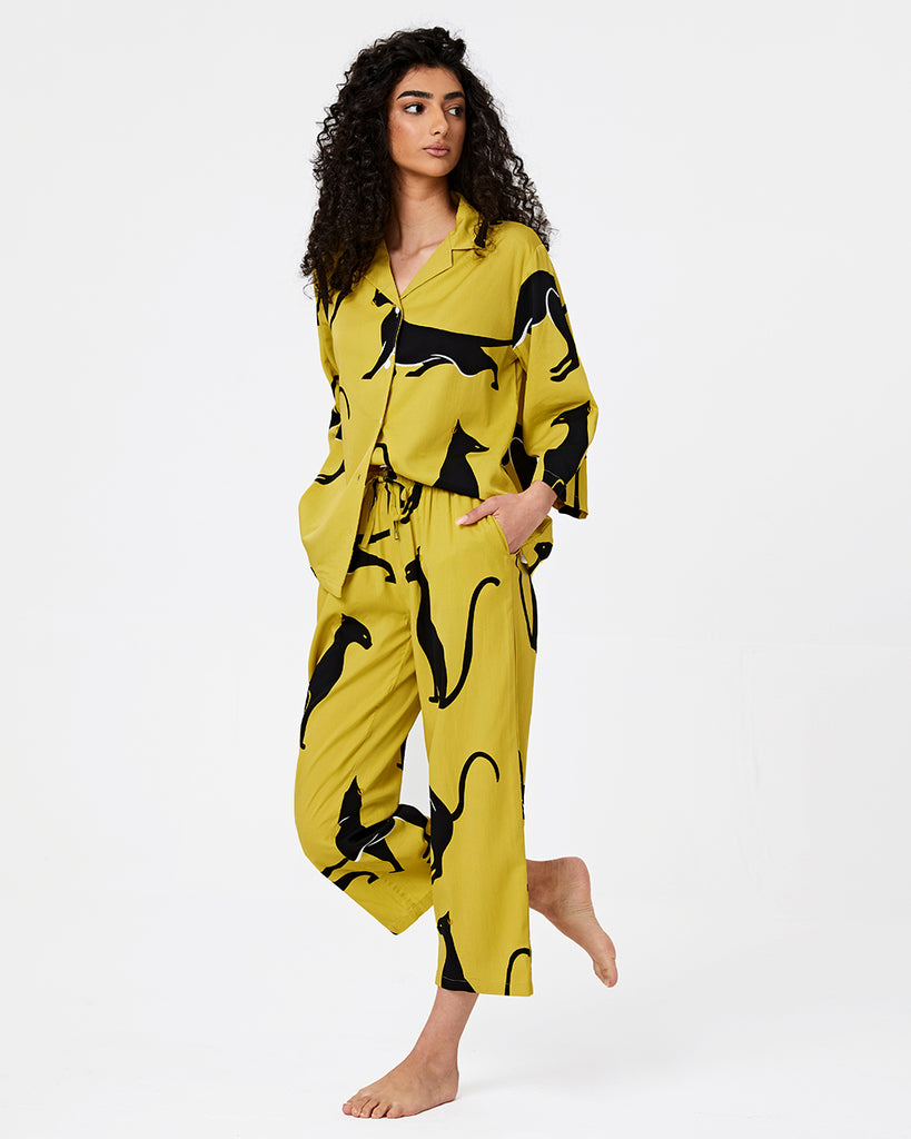 Bright Yellow Cotton Pajamas Women's Printed Pants