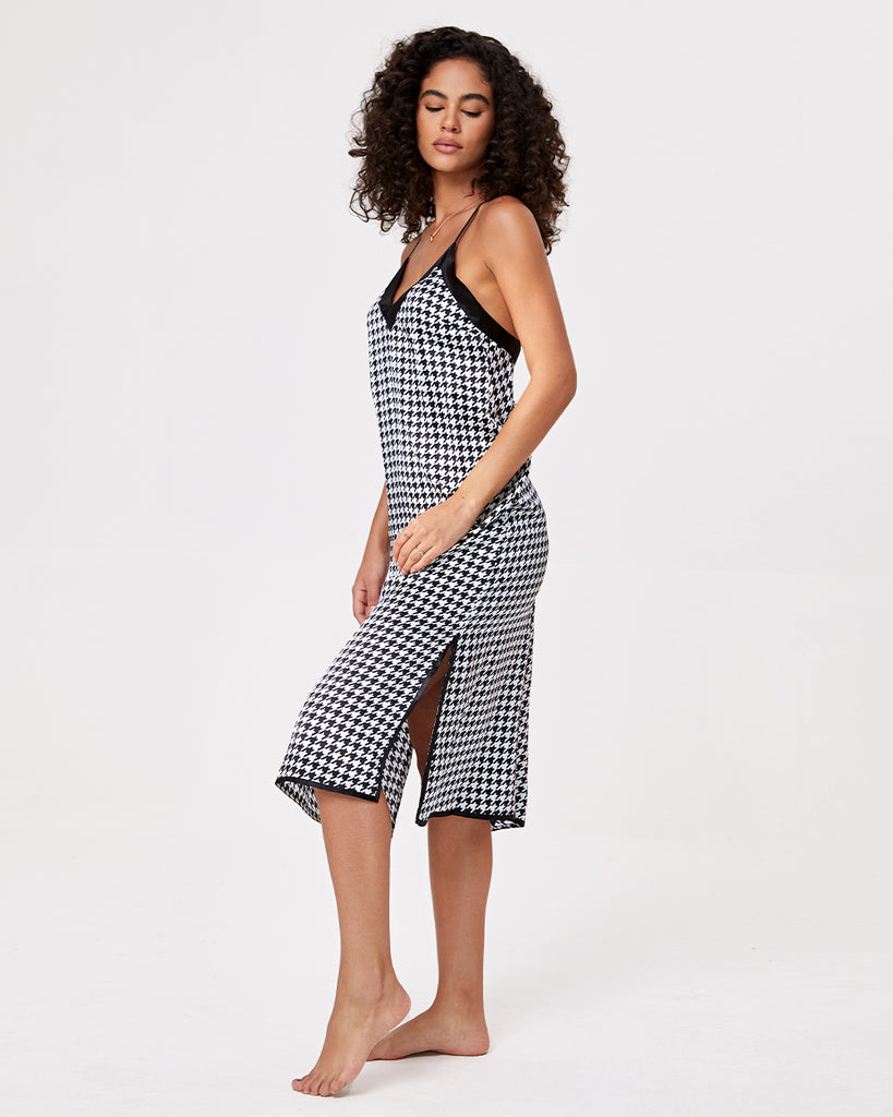 Black 19 Momme Heavy Silk Sleepwear Women's Houndstooth Pattern Sexy Dress