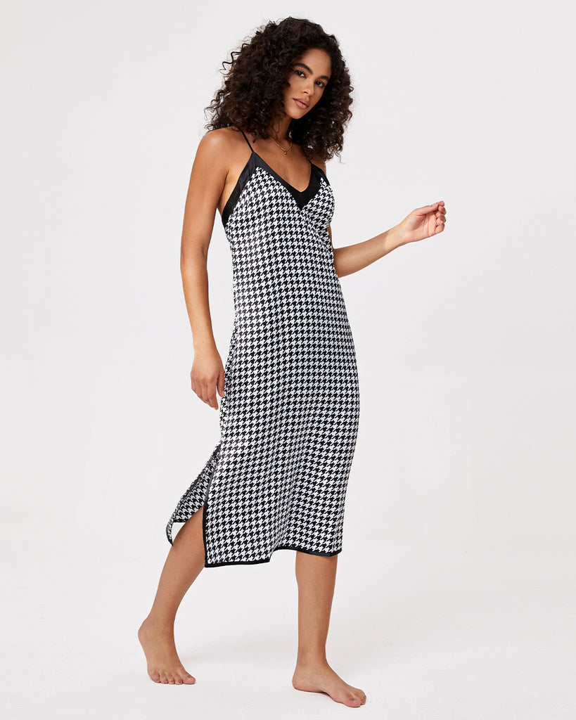 Black 19 Momme Heavy Silk Sleepwear Women's Houndstooth Pattern Sexy Dress