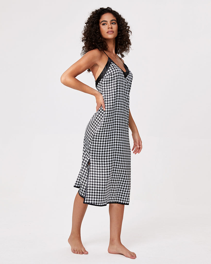 Black 19 Momme Heavy Silk Sleepwear Women's Houndstooth Pattern Sexy Dress