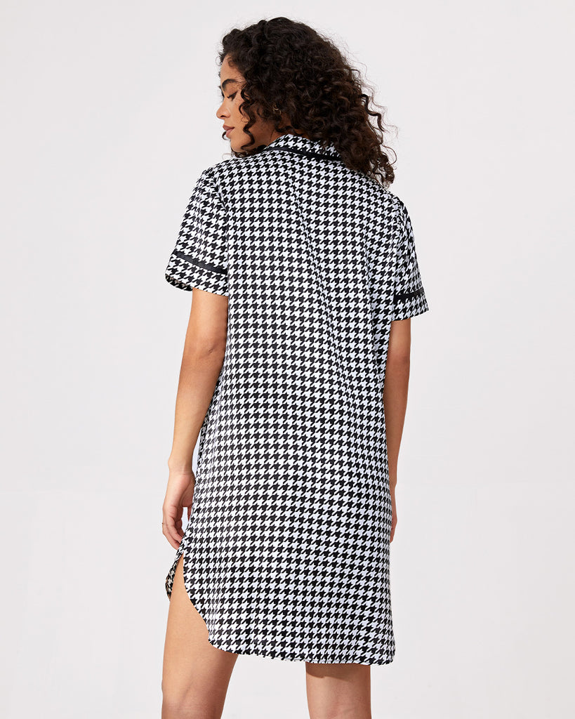 Black 19 Momme Heavy Silk Sleepwear Women's Houndstooth Pattern Shirt Dress