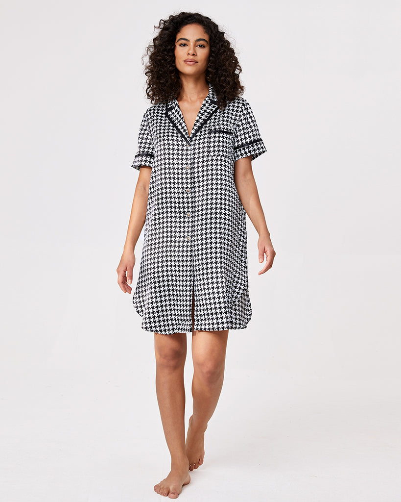 Black 19 Momme Heavy Silk Sleepwear Women's Houndstooth Pattern Shirt Dress