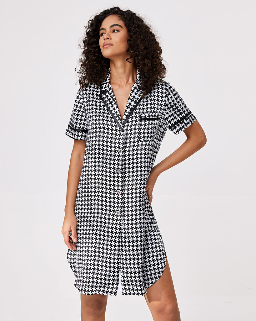 Black 19 Momme Heavy Silk Sleepwear Women's Houndstooth Pattern Shirt Dress