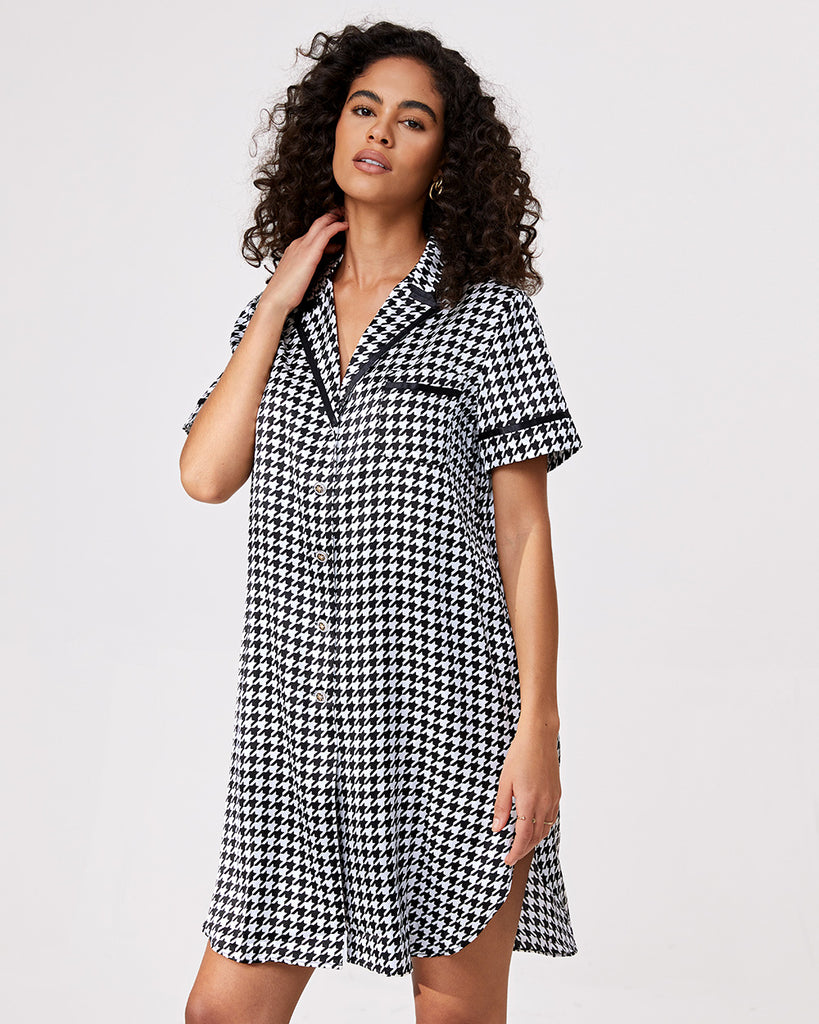 Black 19 Momme Heavy Silk Sleepwear Women's Houndstooth Pattern Shirt Dress