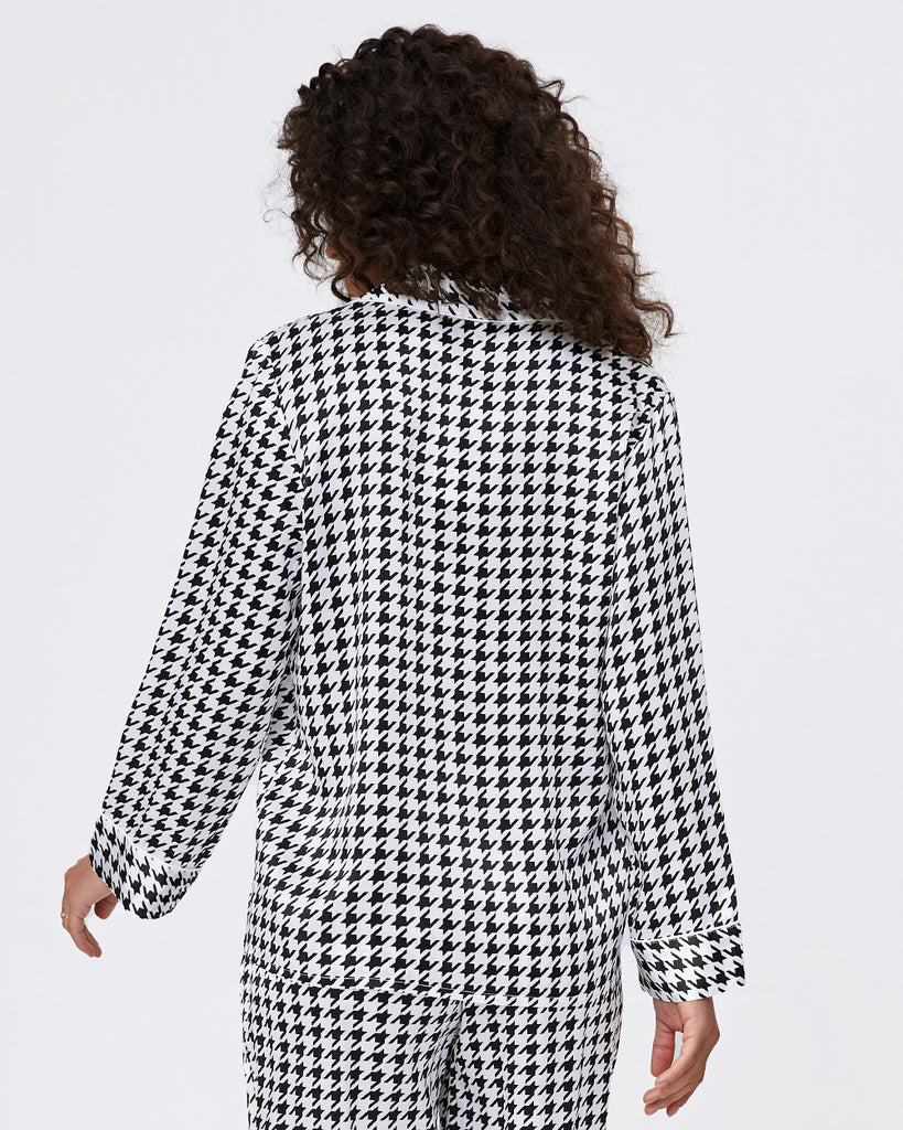 Black 19 Momme Heavy Silk Pajamas Women's Houndstooth Pattern Long Sleeve Shirt