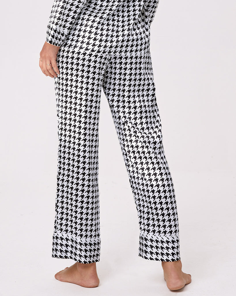 Black 19 Momme Heavy Silk Pajamas Women's Houndstooth Pattern Pants