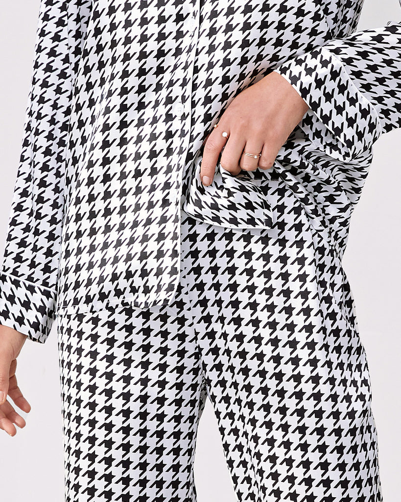 Black 19 Momme Heavy Silk Pajamas Women's Houndstooth Pattern Pants