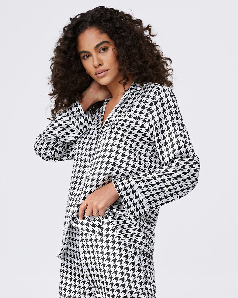 Black 19 Momme Heavy Silk Pajamas Women's Houndstooth Pattern Long Sleeve Shirt