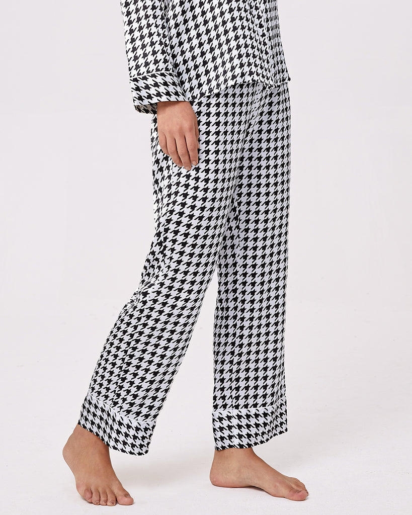 Black 19 Momme Heavy Silk Pajamas Women's Houndstooth Pattern Pants