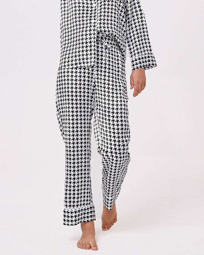 Black 19 Momme Heavy Silk Pajamas Women's Houndstooth Pattern Pants