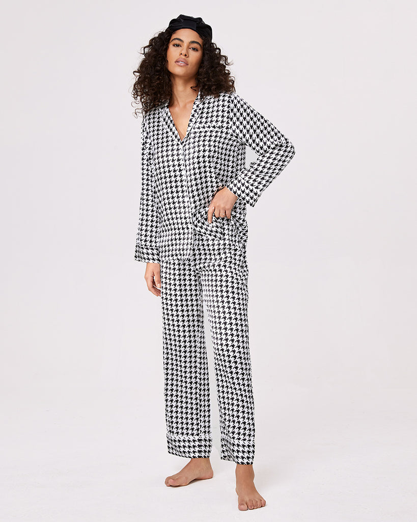 Black 19 Momme Heavy Silk Pajamas Women's Houndstooth Pattern Pants