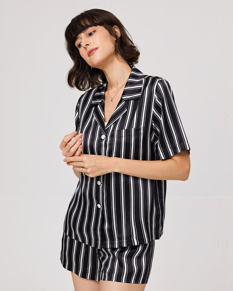 19 Momme Silk Pajamas Women's Stripes Pattern Short Sleeve Top