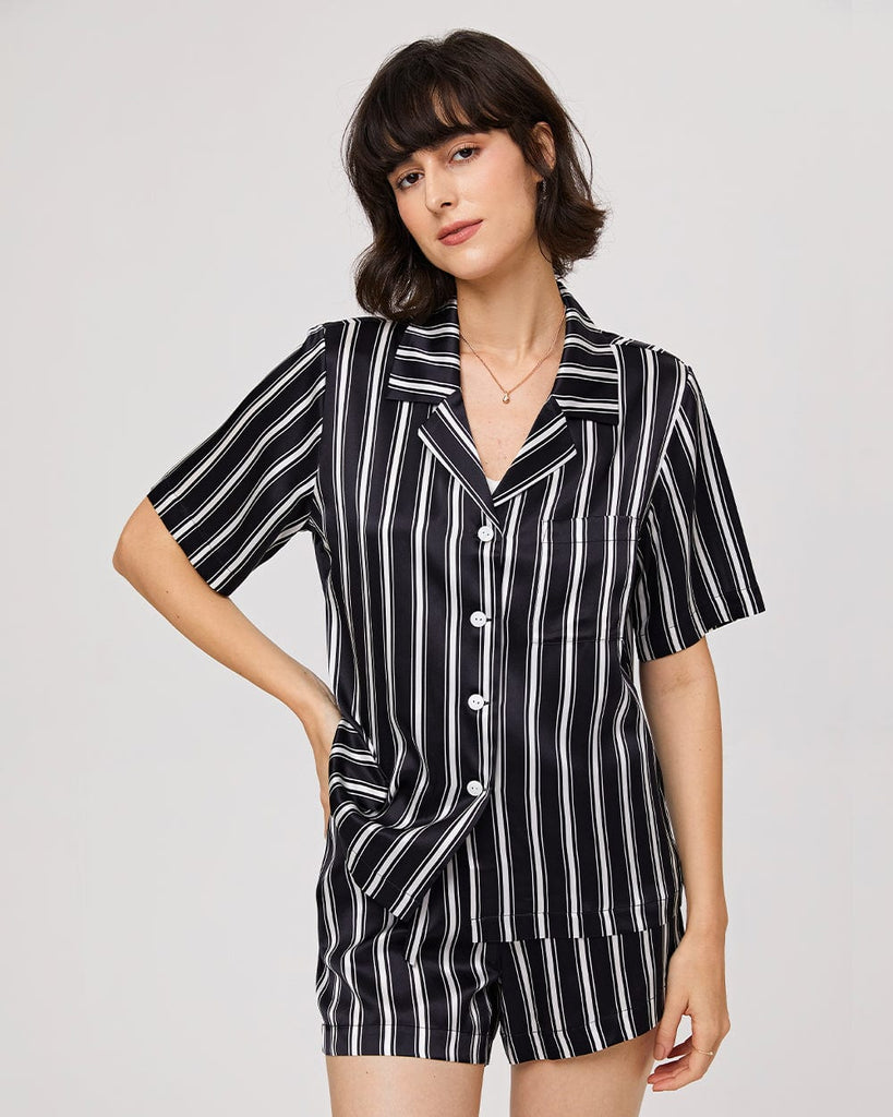 19 Momme Silk Pajamas Women's Stripes Pattern Short Sleeve Top